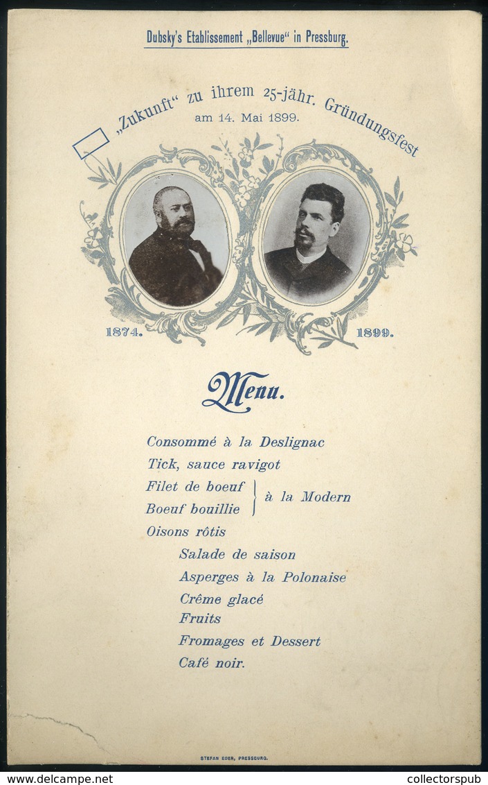 MENÜKÁRTYA 1899. Pozsony, Dubsky , Bellevue.   /  MENU CARD 1899 Pozsony - Unclassified