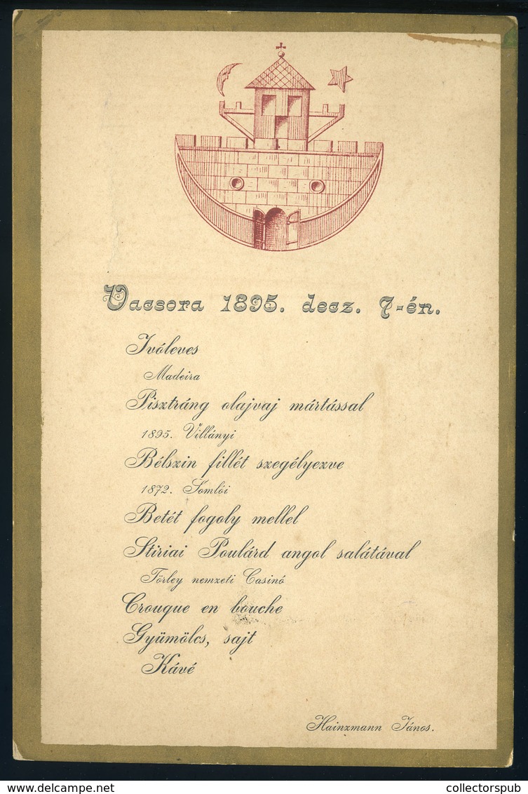 MENÜKÁRTYA 1895. Szombathely, Hainzmann János Szállodás  /  MENU CARD  1895 Hotel - Unclassified