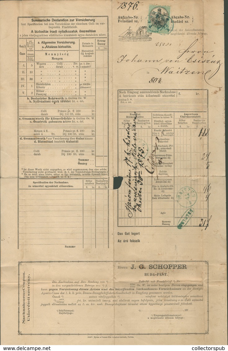 DDSG 1875. Dekoratív, Szelvényes Fuvarlevél , Okmánybélyeggel Pest-Vác  /  Decorative Segmented Bill Of Freight Stamp Du - Covers & Documents