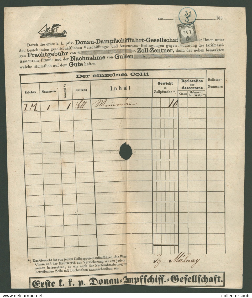 DDSG 1867. Dekoratív Fuvarlevél , Okmánybélyeggel  /  Decorative Bill Of Freight Stamp Duty - Covers & Documents