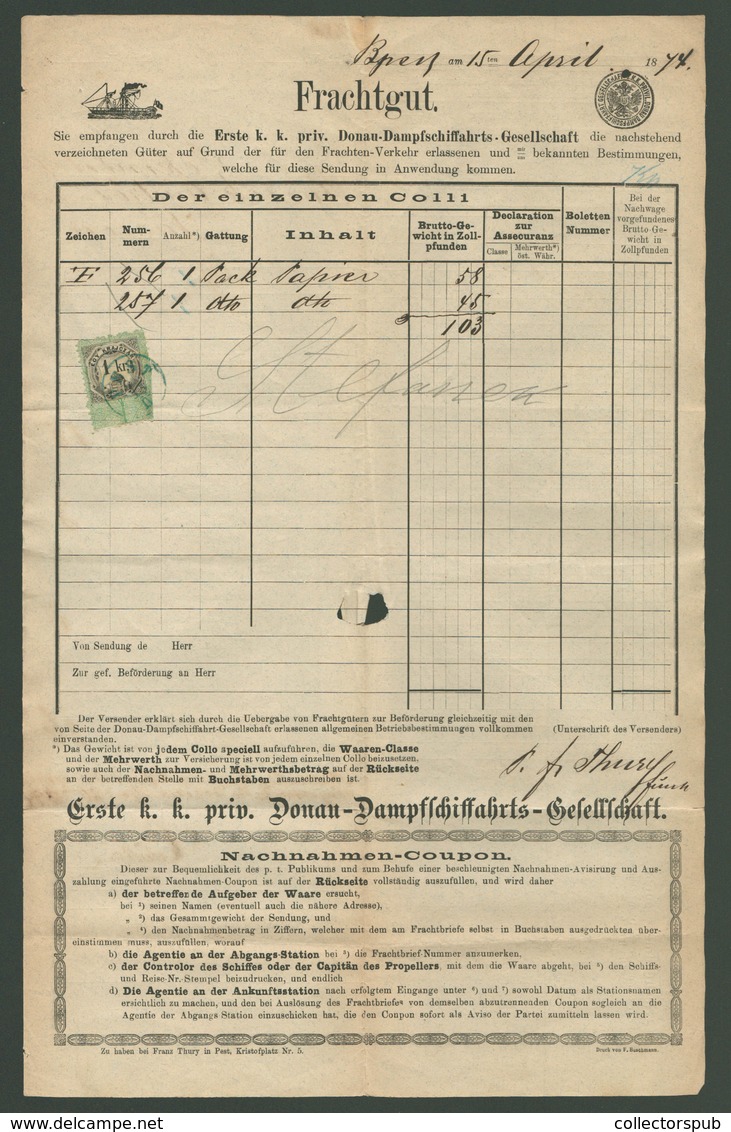 DDSG 1874. Dekoratív, Szelvényes Fuvarlevél , Okmánybélyeggel Pest-Vác  /  Decorative Segmented Bill Of Freight, Stamp D - Covers & Documents