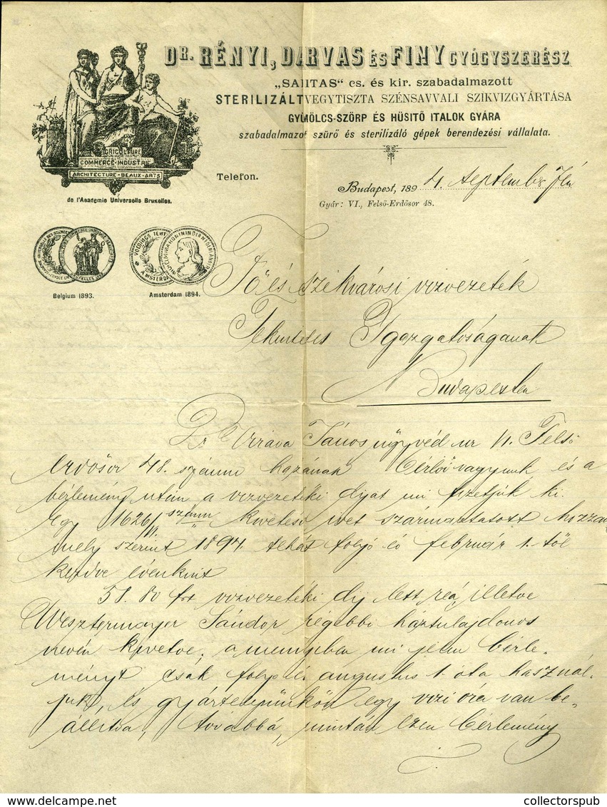 BUDAPEST 1894. Dr Rényi,Darvas és Finy Gyógyszerészek, Szikvíz Gyártása Régi Céges Levél  /  Soda Manufacturer Vintage C - Zonder Classificatie