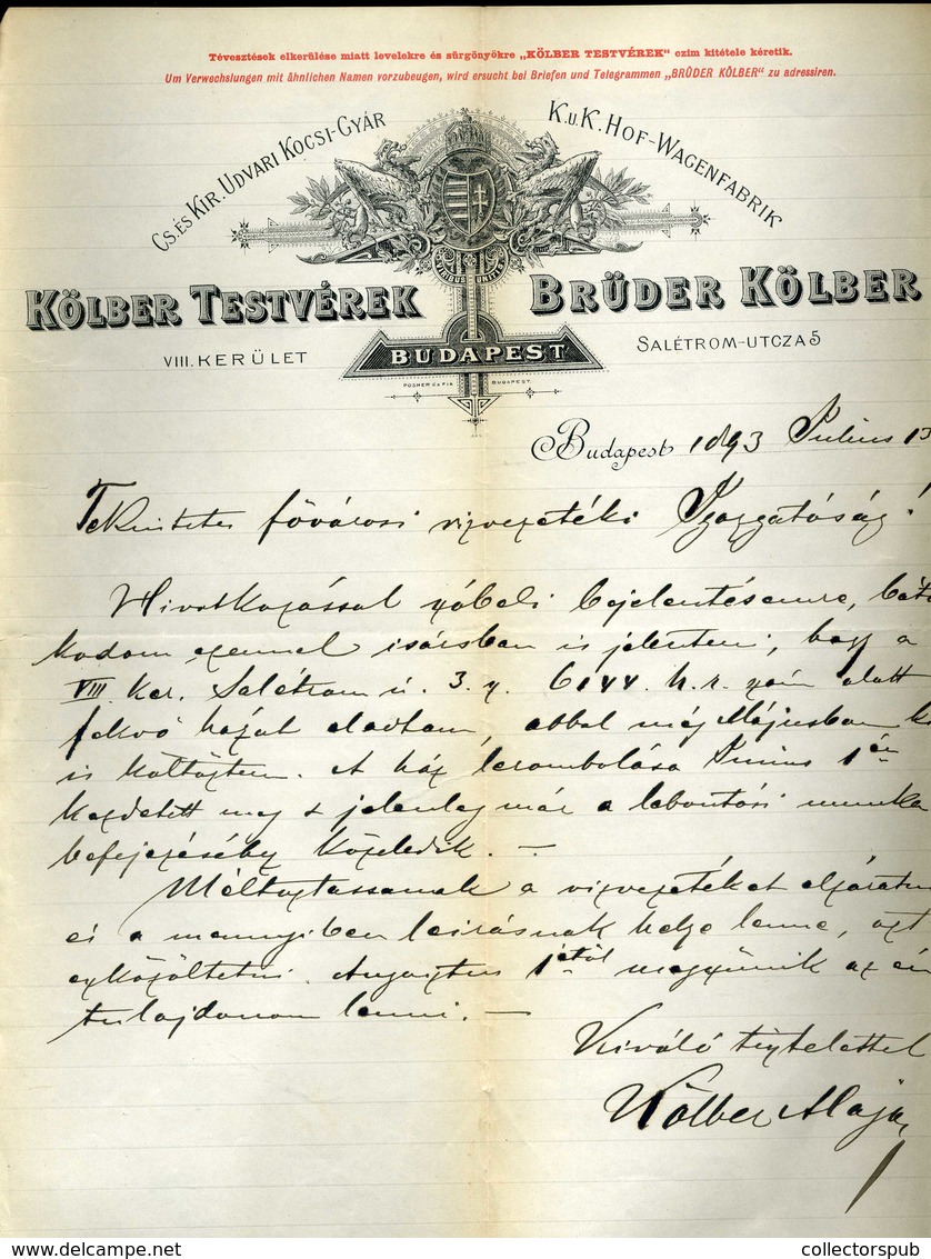 BUDAPEST 1893. Kölber Testvérek Udvari Kocsi Gyár, Fejléces Céges Levél, Kölber Alajos  /  Köbler Brothers Court Wagon F - Unclassified