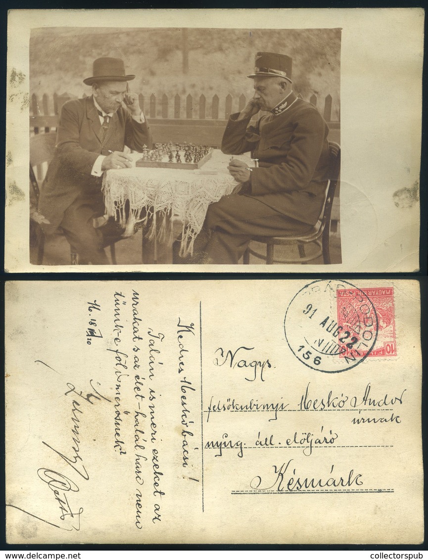 1918. Sakkozók, Fotós Képeslap, Poprád-Podolin Mozgóposta Bélyegzéssel   /  1918 Chess Players Photo Vintage Pic. P.card - Oblitérés