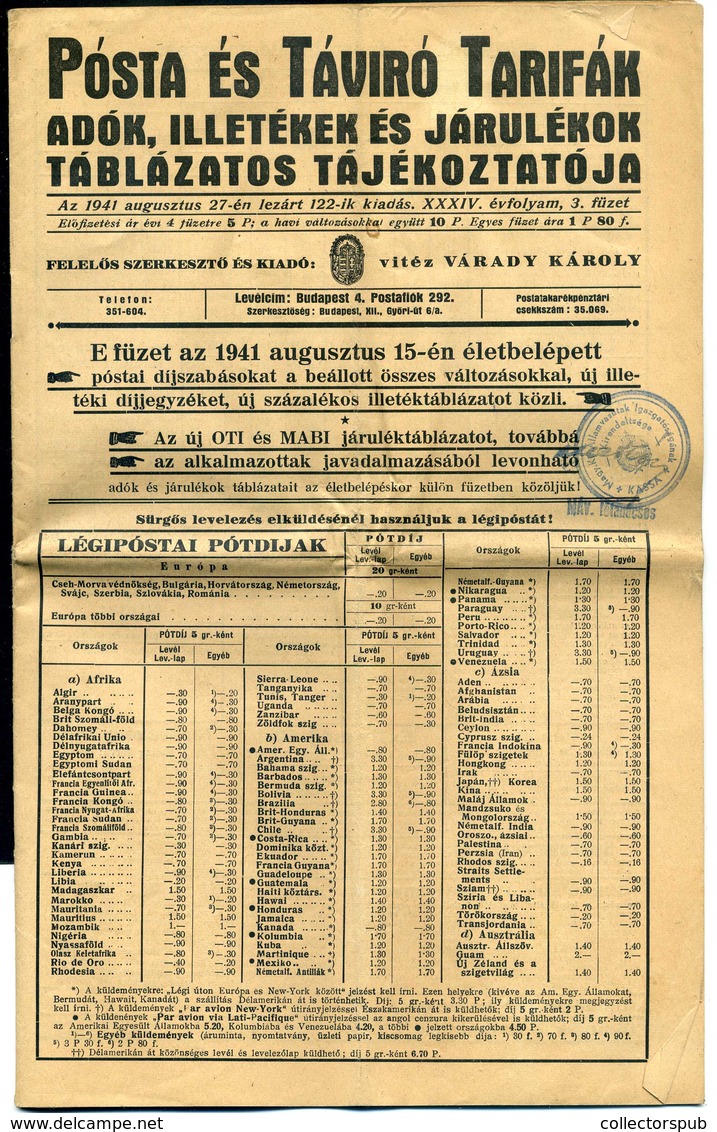 1941. Posta és Távirda Tarifák  2 Db Ritka Kiadvány!  /  1941 Post And Telegraph Price List 2 Rare Issues - Brieven En Documenten