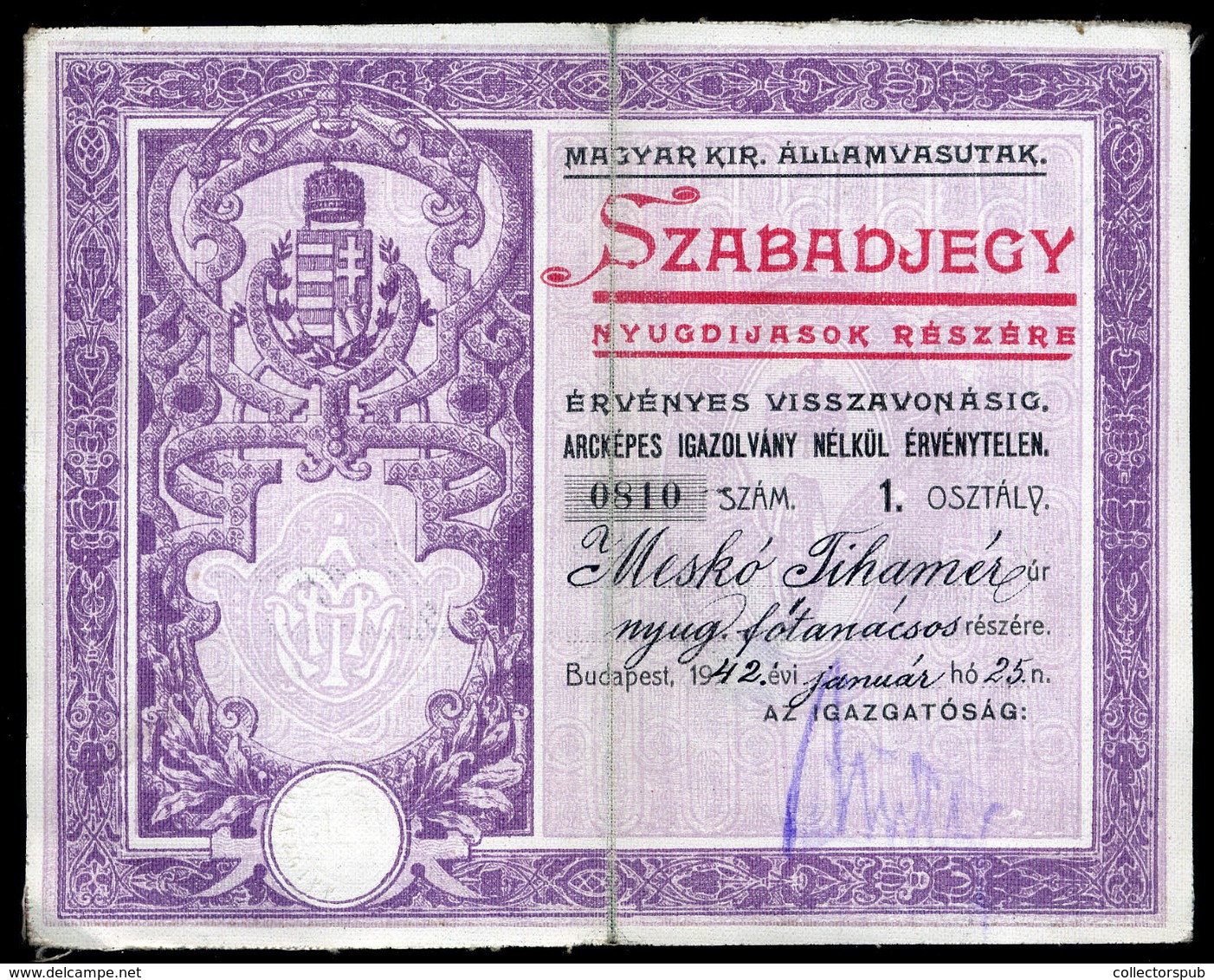 MÁV I. O. Szabadjegy 1942  /  Hun. Roy. Rail Free Ticket - Zonder Classificatie