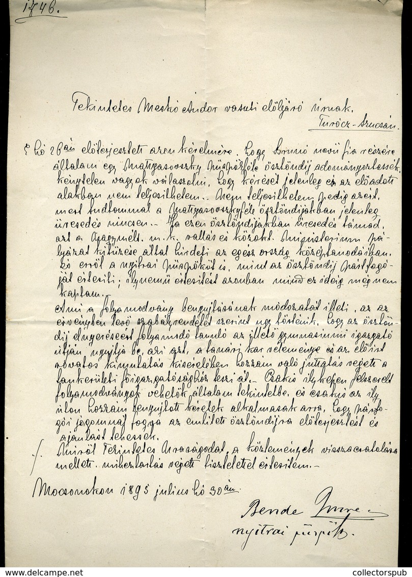 MOCSONOK 1895. Bende Imre 1824-1911. Nyitrai Püspök Autográf Levél - Unclassified