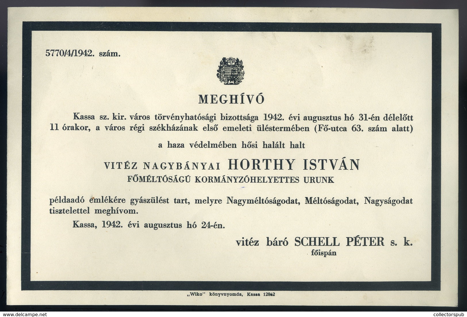 KASSA 1942. Horthy István Gyászülés, Postázott Meghívó  /  István Horthy Mourning Conference Mailed Inv. - Covers & Documents
