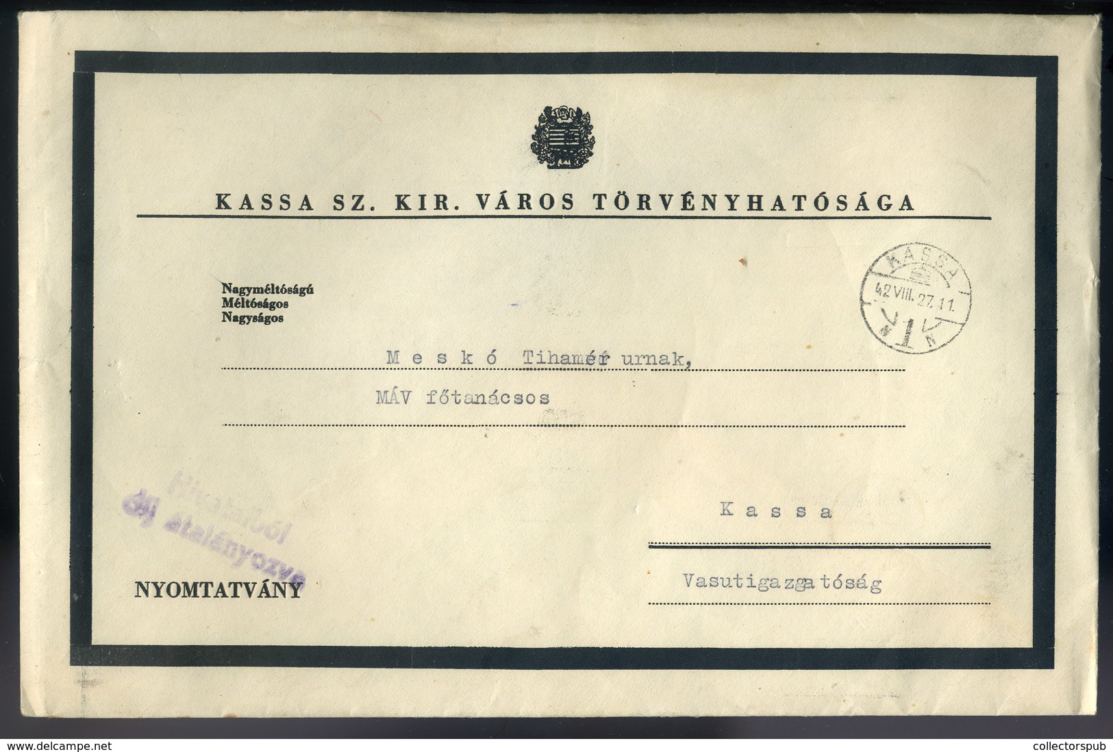 KASSA 1942. Horthy István Gyászülés, Postázott Meghívó  /  István Horthy Mourning Conference Mailed Inv. - Covers & Documents