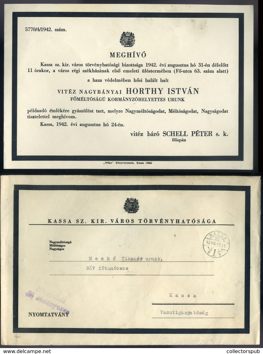 KASSA 1942. Horthy István Gyászülés, Postázott Meghívó  /  István Horthy Mourning Conference Mailed Inv. - Covers & Documents