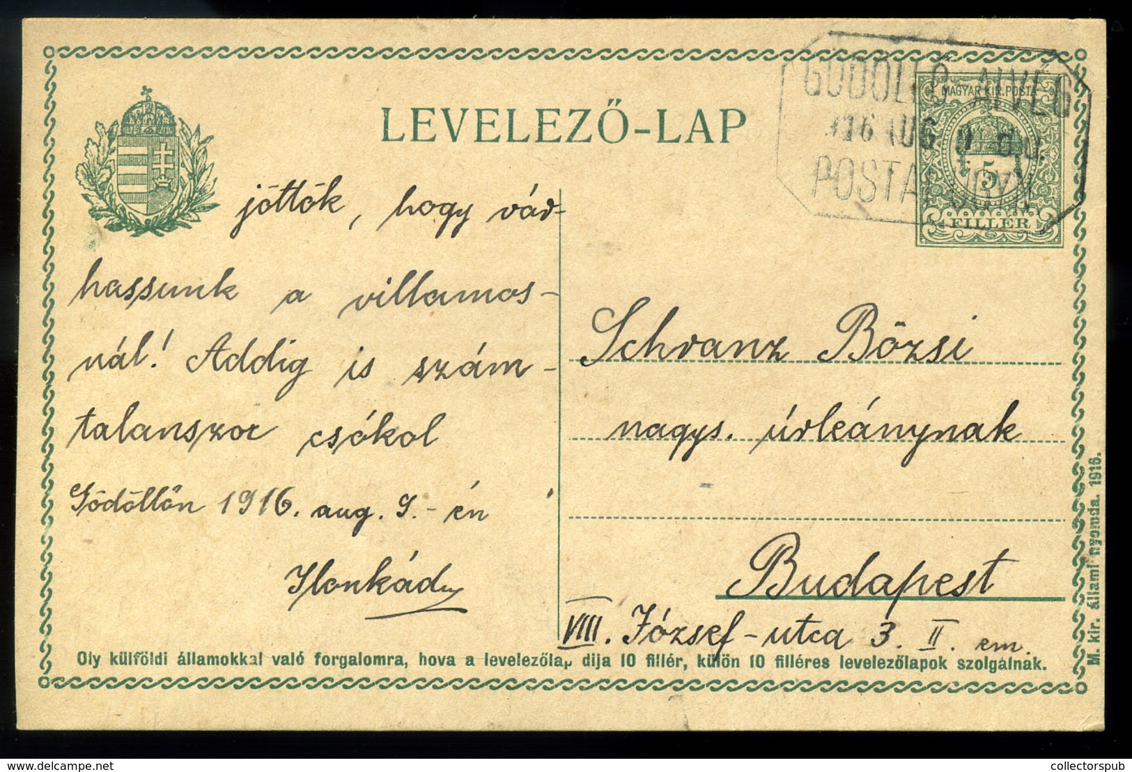 GÖDÖLLŐ-ALVÉG 1916. Díjjegyes Levlap, Postaügynökségi Bélyegzéssel  /  1916 Stationery P.card Postal Agency Pmk - Gebruikt