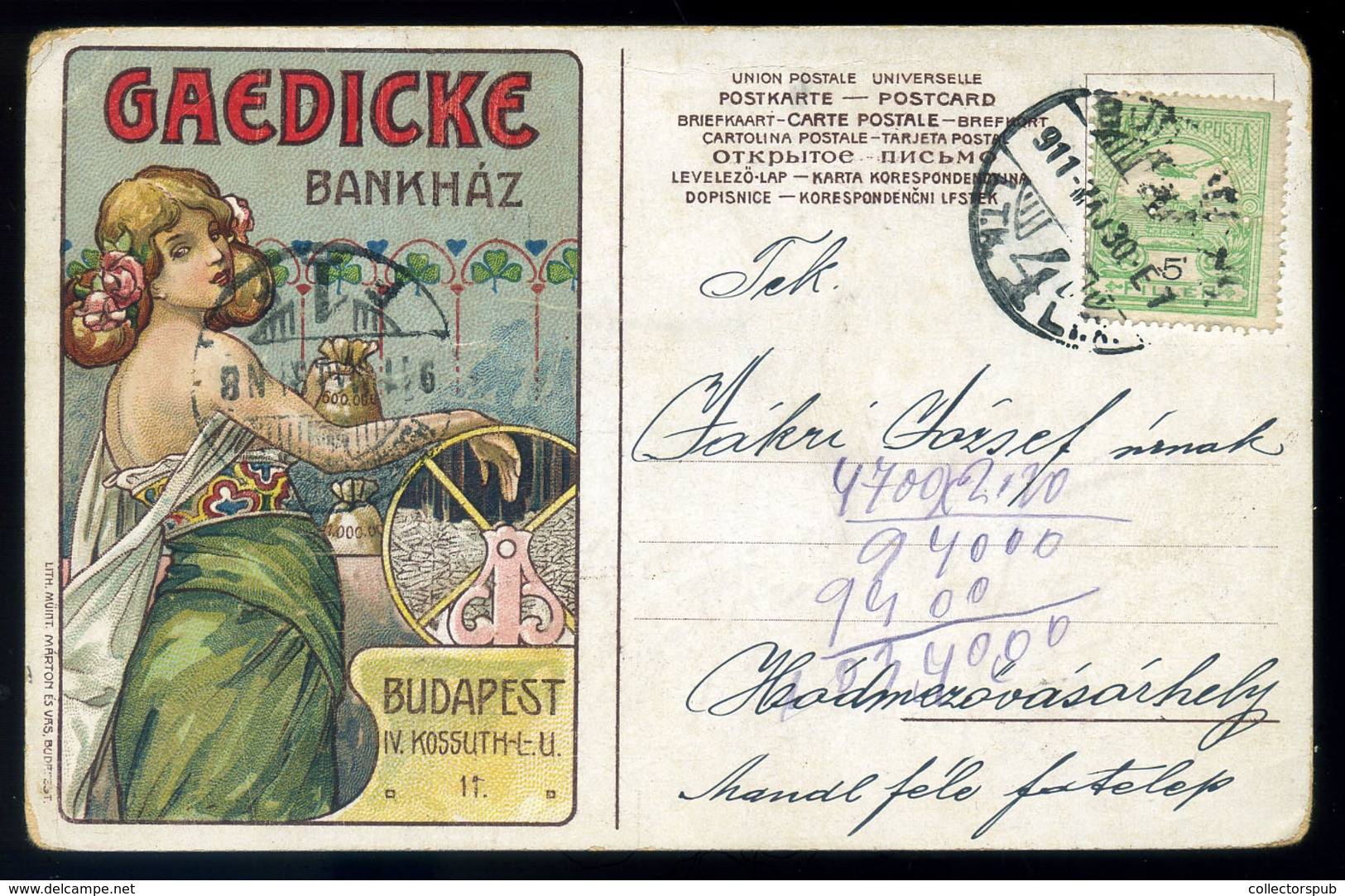 BUDAPEST 1911. Geadicke Bankház, Ritka Reklám Képeslap Céglyukasztásos Bélyeggel Hódmezővásárhelyre Küldve  /  1911 Gead - Gebruikt