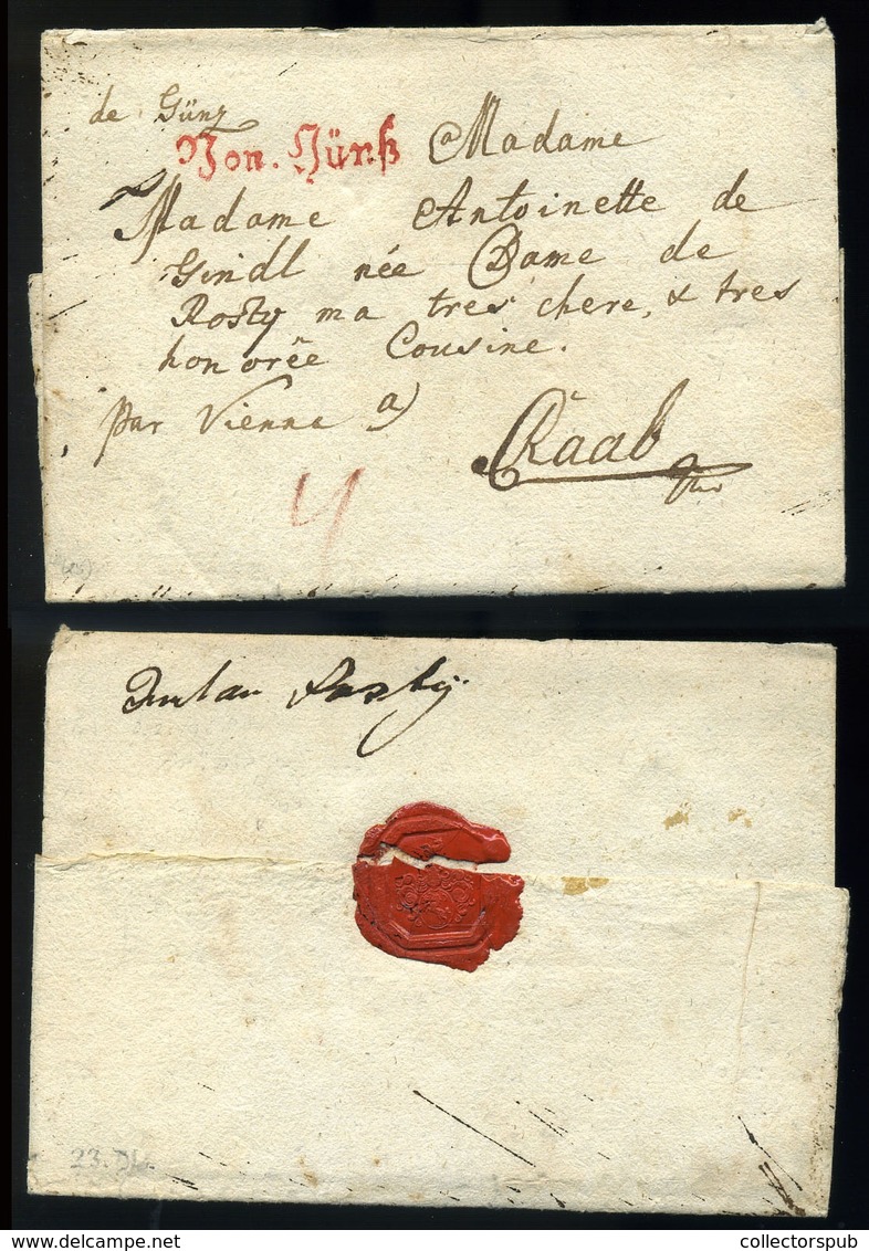 KŐSZEG 1788. Szép Portós Levél, Piros "Von.Güns" Győrbe Küldve. (350p)  /  1788 Nice Unpaid Letter , Red "Von Güns" To G - ...-1867 Voorfilatelie