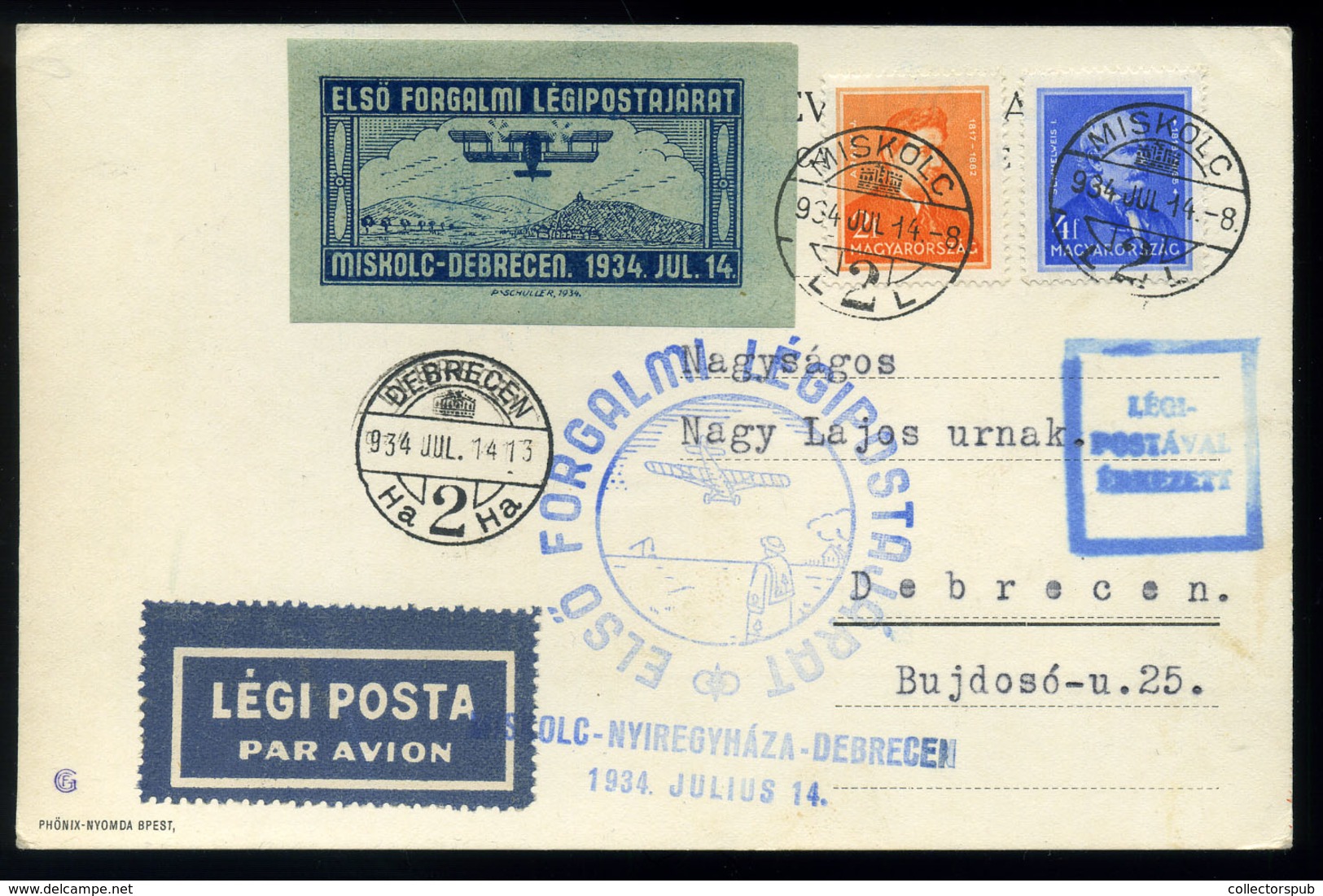 MISKOLC 1934.Alkalmi Légi LevlapDebrecenbe Küldve  /  1934 Spec Airmail P.card To Debrecen - Covers & Documents