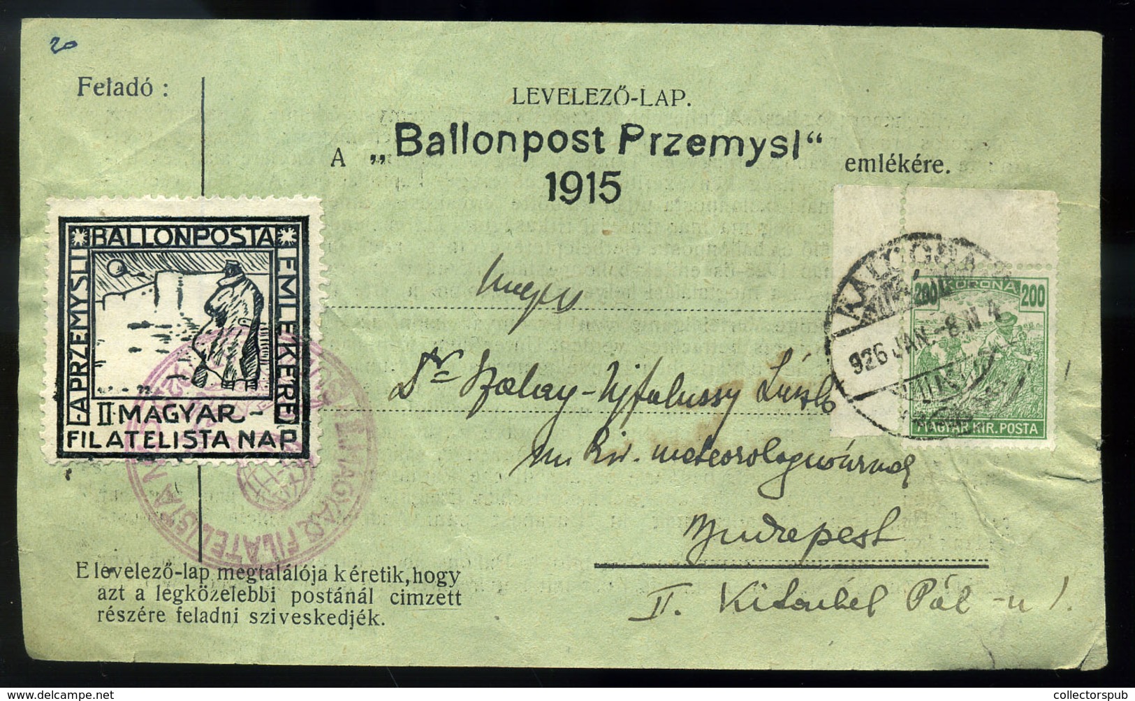 KALOCSA 1926. " Ballonpost Przemysl" Alkalmi Légi Levlap  /  Spec Airmail P.card - Covers & Documents