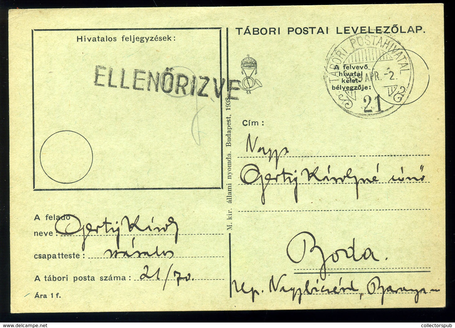 II. VH Kárpátalja 1939. Tábori Posta Levlap,TP 21 Bodára Küldve  /  WW II Carpathian Ruthenia FPO P.card TP21 To Boda - Covers & Documents