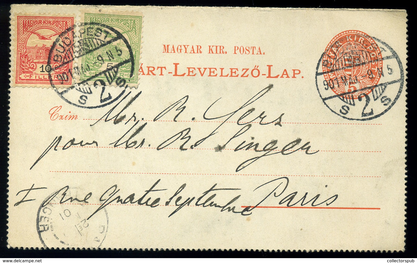 BUDAPEST 1901. 05!!  Krajcár-Turul Vegyes Bérmentesítés, 5Kr Zárt Díjjegyes Levlap 10+5f Kiegészítéssel Párizsba Küldve. - Used Stamps