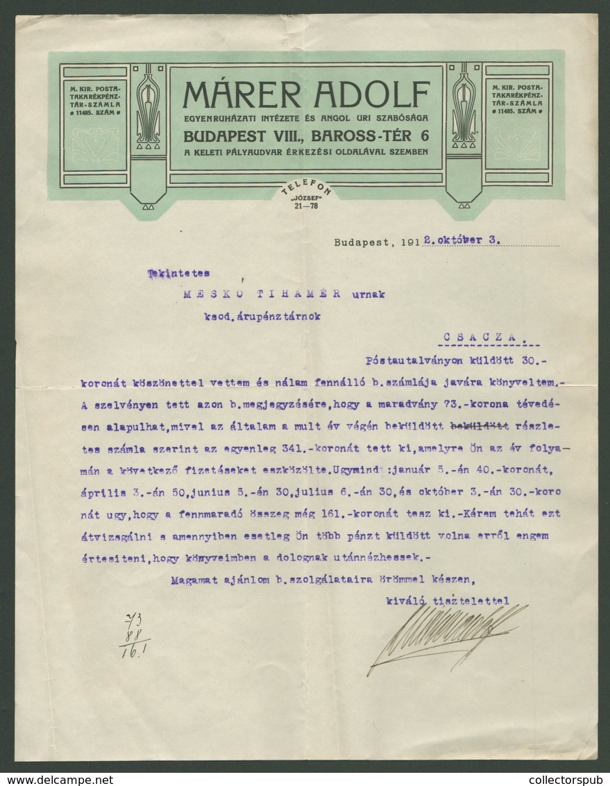 BUDAPEST 1912. Márer Adolf Egyenruházati Intézet, Fejléces Céges Levél - Unclassified