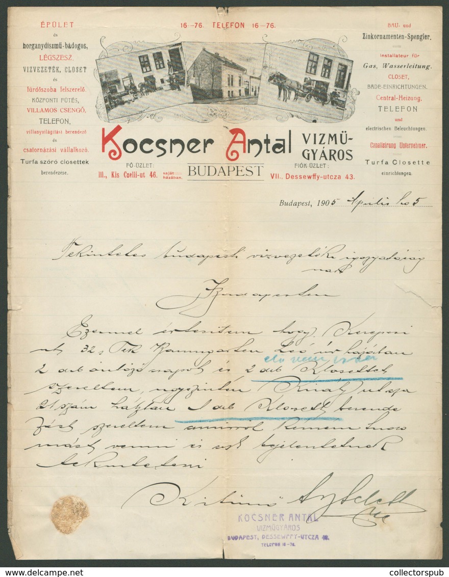 BUDAPEST 1905. Kocsner Antal, Vizműgyáros, Fejléces,céges Számla - Unclassified