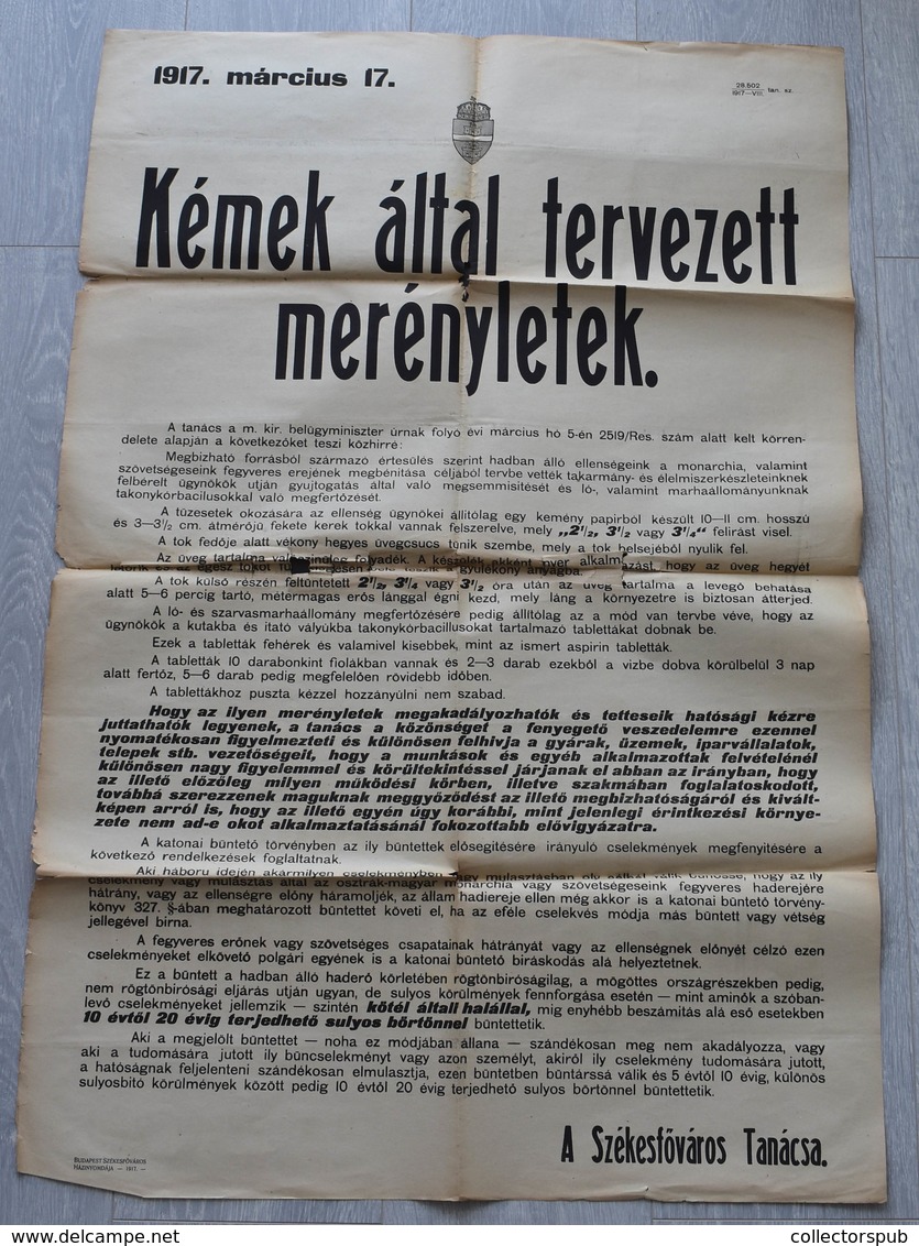 1917. Kémek által Tervezett Merénylet! A/1 -es Ritka és érdekes Propaganda Plakát  /  1917 Anti-spy Propaganda Poster - Unclassified