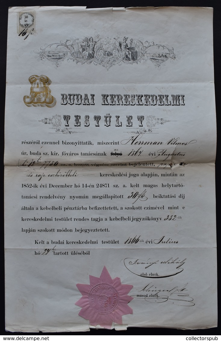 1866. Budai Kereskedelmi Testület , Engedély Herrman Vilmos Részére Papír és Rajzeszköz Kereskedés Nyitására.Ritka Dokum - Zonder Classificatie