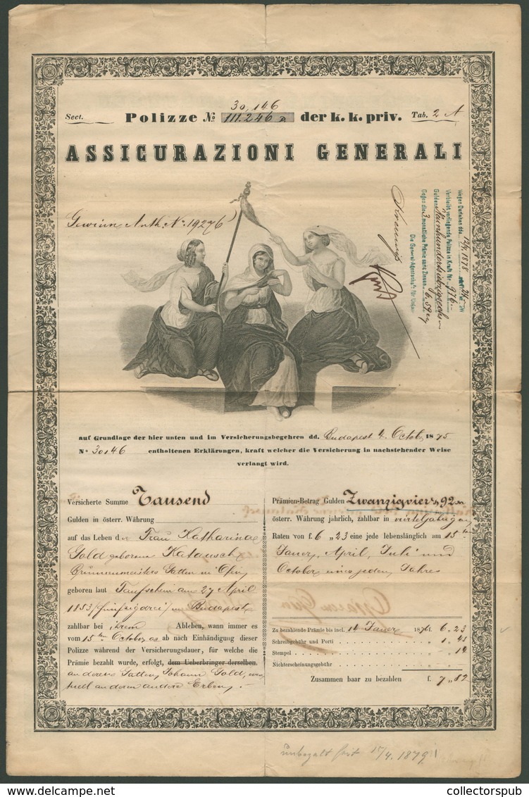 BUDAPEST 1875. Dekoratív Biztosítási Kötvény  /  Decorative Insurance Bond - Unclassified