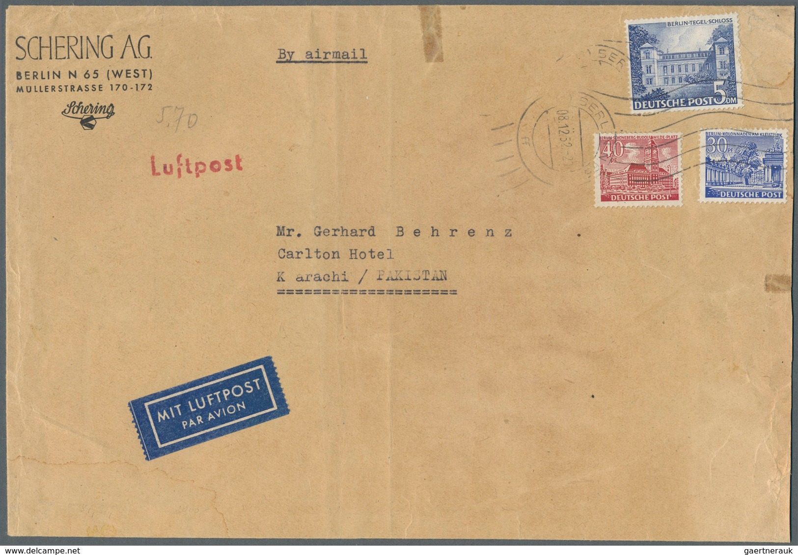 Berlin: 1952: Umschlag Firma Schering, Etwas Verkleinert Ca. 22,4 X 15,2 Cm Als Luftpostbrief DM 5,7 - Lettres & Documents