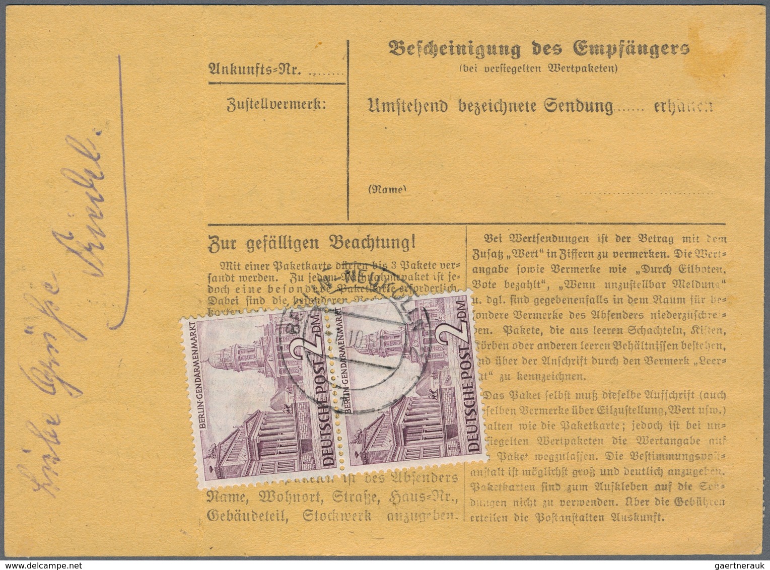 Berlin: 1951: Paketkarte Inland über 11 Kg. Mit LUFTPOST, Gebühr DM 14,30 Mit 30 Pf. 2 X 2.- Und 2 X - Lettres & Documents