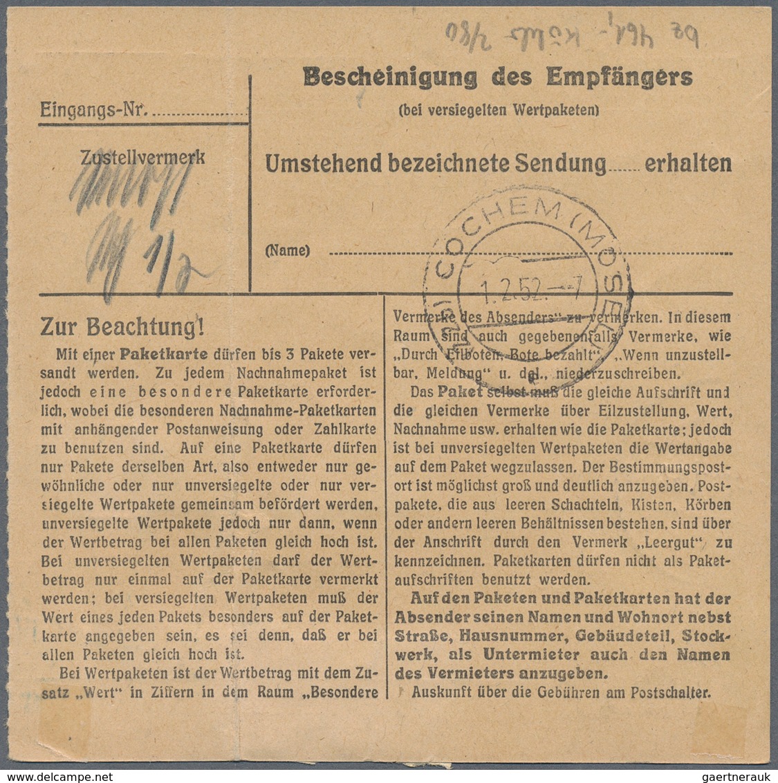 Berlin: 1952: Paketkarte (Bugsp.) Für Ein Schnellpaket  7,5 Kg  In Die 4. Zone  375 – 750 Km – Gebüh - Covers & Documents