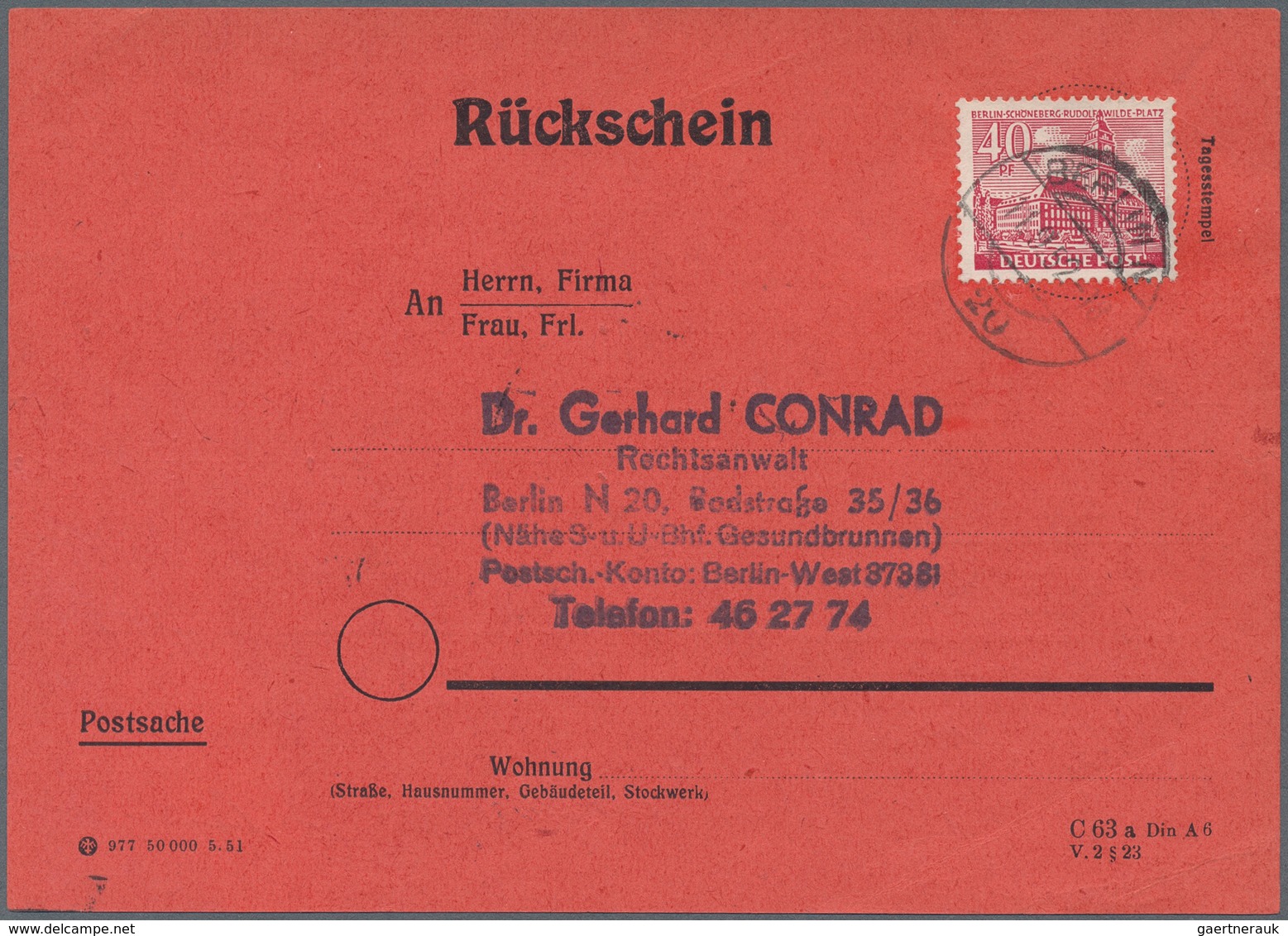 Berlin: 40 Pf. Bauten Als EF Auf Rückschein Von Berlin N20 Vom 11.9.52 Karte Etwas Bügig Mit Kl. Ein - Lettres & Documents