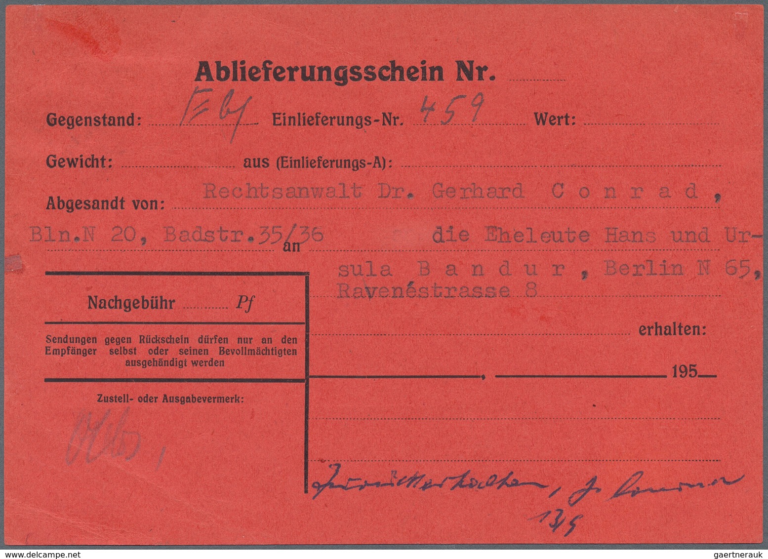 Berlin: 40 Pf. Bauten Als EF Auf Rückschein Von Berlin N20 Vom 11.9.52 Karte Etwas Bügig Mit Kl. Ein - Lettres & Documents