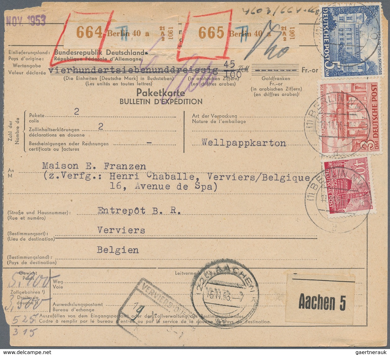 Berlin: 1953: Auslandspaketkarte A5 über 2 Pakete, 5,9 Kg. Und 3,5 Kg. Gebühr DM 5,25 Und 3,15 – Zus - Lettres & Documents