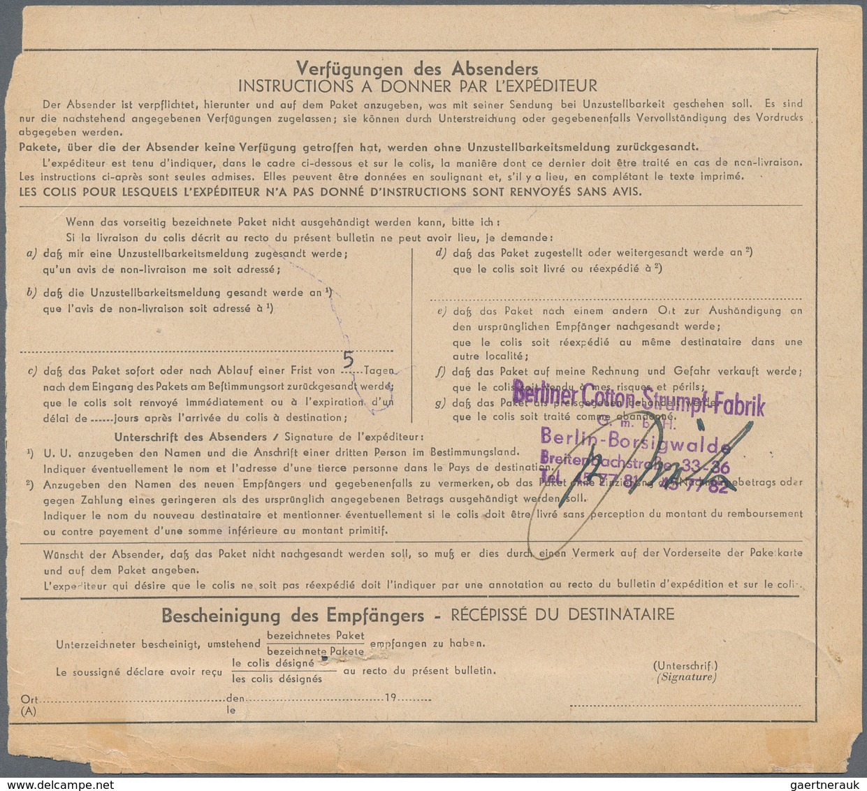 Berlin: 1953: Auslandspaketkarte A5 über 2 Pakete, 5,9 Kg. Und 3,5 Kg. Gebühr DM 5,25 Und 3,15 – Zus - Covers & Documents