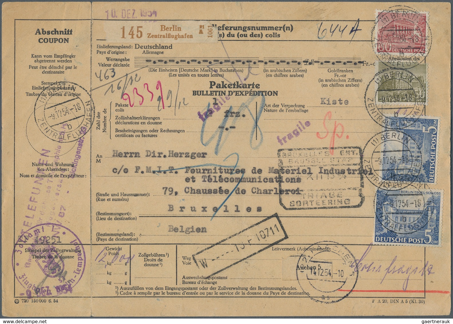Berlin: 50 U. 60 Pf. Sowie 2 Mal 5 DM Bauten Zusammen Auf Auslands-Paketkarte Für 1 Sperrpaket Ab Be - Lettres & Documents