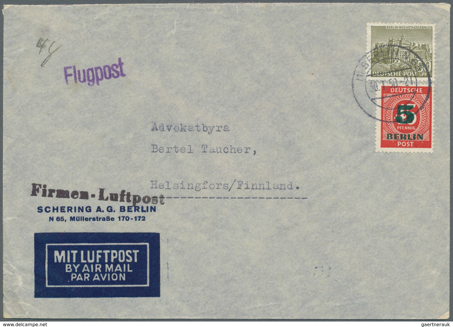 Berlin: 1950: Luftpostumschlag Firma Schering Als FIRMENLUFTPOST 55 Pf. Mit 50 Pf. Bauten I Und 5 Pf - Lettres & Documents