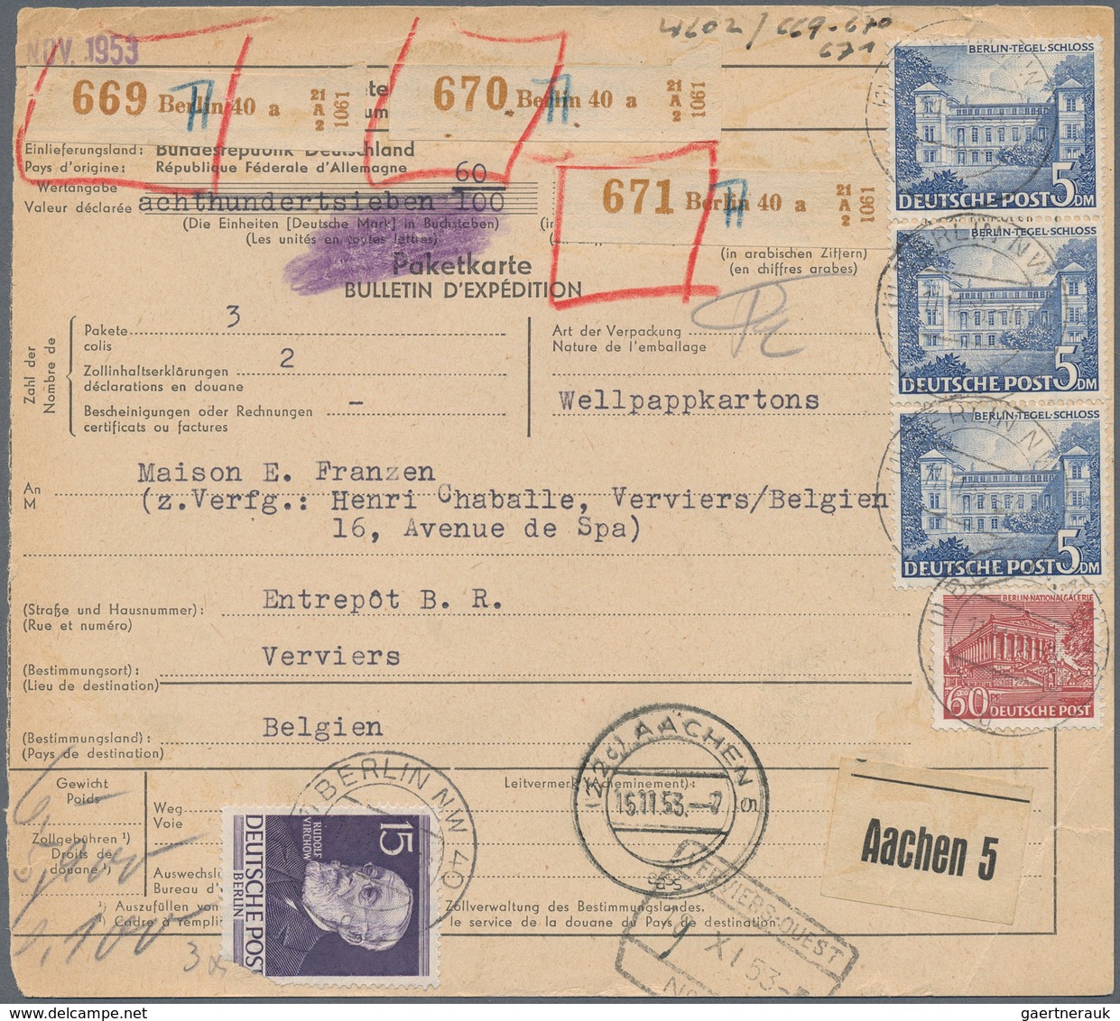 Berlin: 1953: Auslandspaketkarte, Ohne Empfängercoupon, über 3 Pakete Mit 6, 5,9 Und 6,1 Kg. Ab Berl - Lettres & Documents