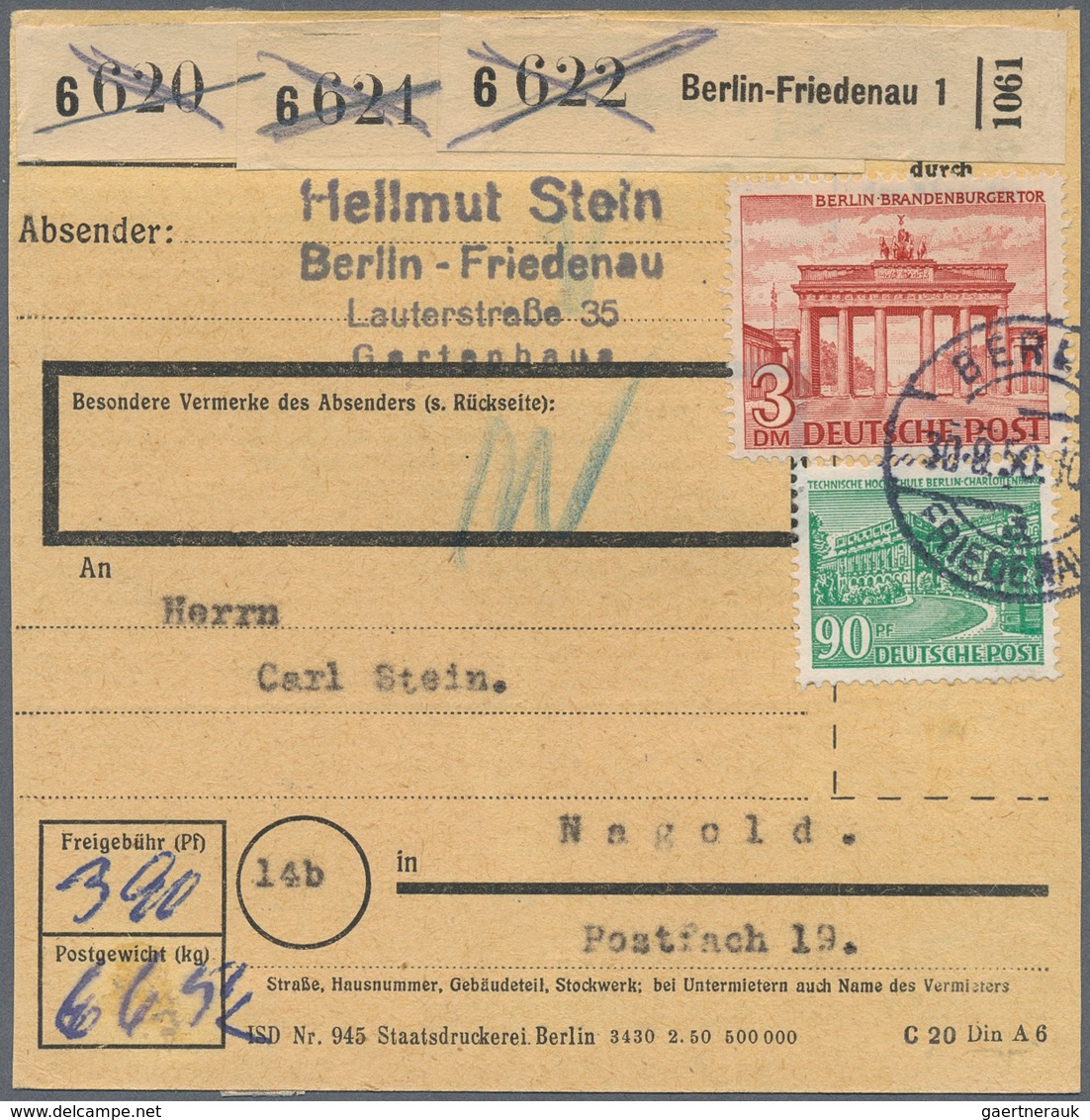 Berlin: 1950: Paketkarte über Drei Pakete Ab Berlin-Friedenau 1  30.8.50 Nach Nagold, Ankunft 4.10.5 - Lettres & Documents