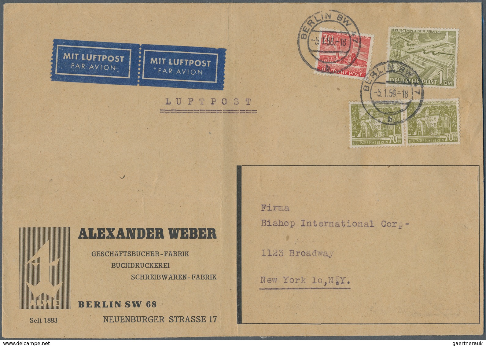 Berlin: 1 DM Bauten Mit 20 Pf. Bauten Erg.-Wert 1953 U. Paar 70 Pf. Bauten Erg.-Wert 1954 Zusammen A - Briefe U. Dokumente