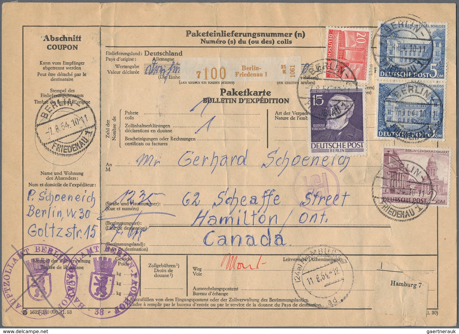 Berlin: 1954: Auslandspaketkarte A5 über 7,6 Kg. Nach Canada. Gebühr DM  12,35 Mit 20 Pf. Bauten I E - Covers & Documents