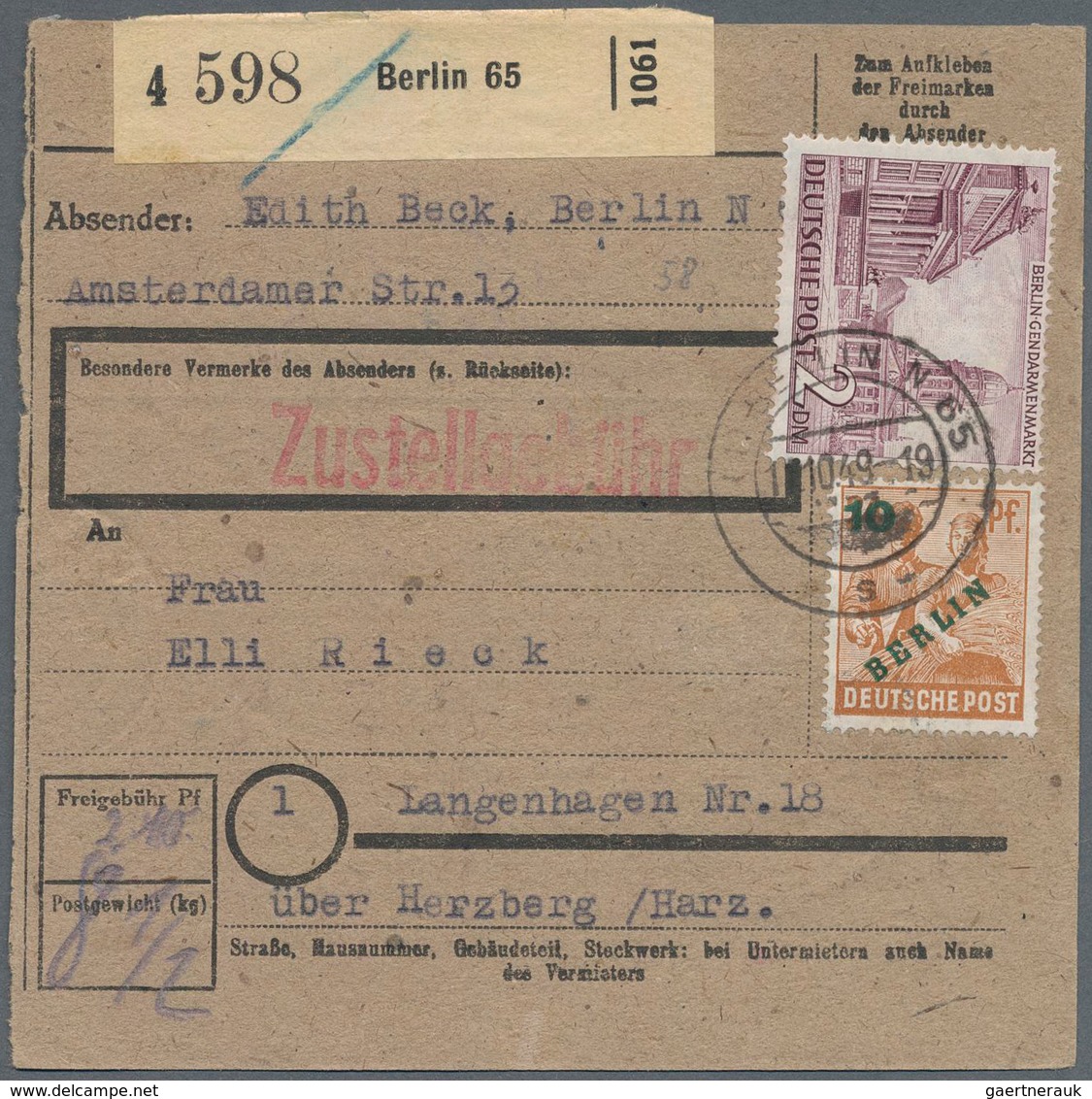Berlin: 2 DM Bauten Mit 10 Pf. Grünaufdruck Zusammen Auf Paketkarte Ab Berlin N65 Vom 12.10.49 Nach - Lettres & Documents