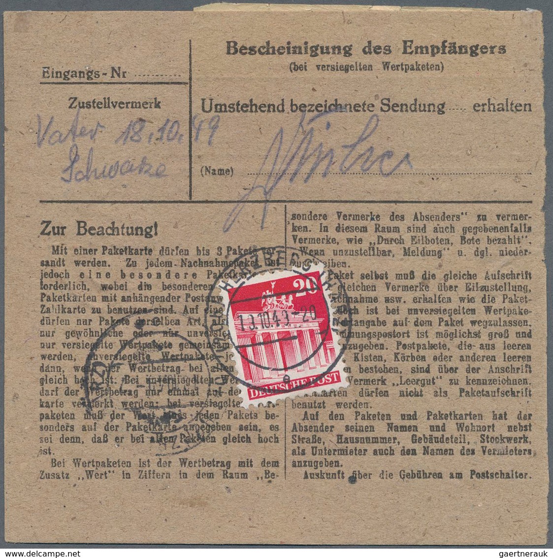 Berlin: 2 DM Bauten Mit 10 Pf. Grünaufdruck Zusammen Auf Paketkarte Ab Berlin N65 Vom 12.10.49 Nach - Lettres & Documents