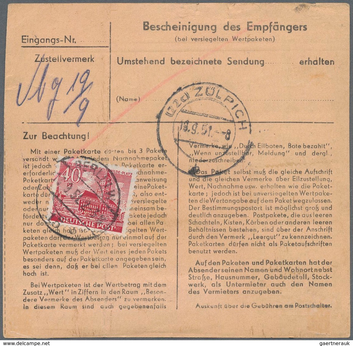 Berlin: 2 St. 3 DM Bauten U. 40 Pf. (vorder U. Rücks. Frankiert) Zusammen Auf Paketkarte Für 1 Schne - Lettres & Documents