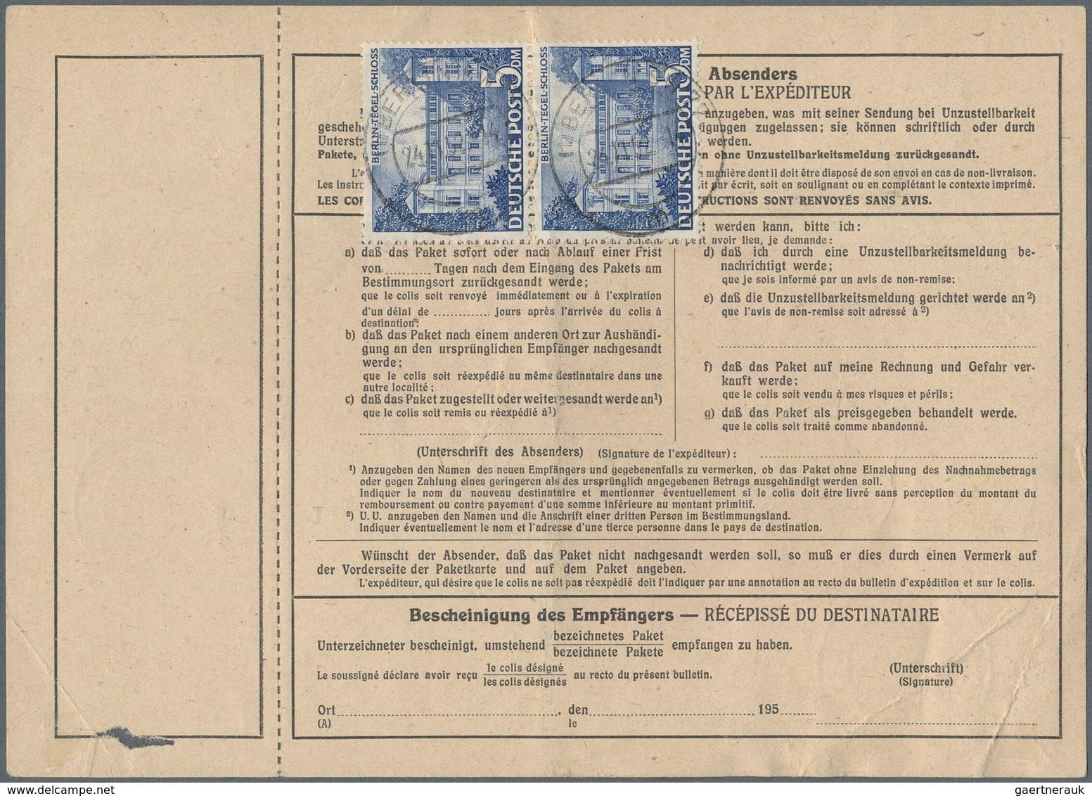 Berlin: 5 DM Mit 5 U. 30 Pf. Sowie 2 DM Bauten (vorder U. Rücks. Frankiert) Zusammen Auf Übersee-Pak - Lettres & Documents