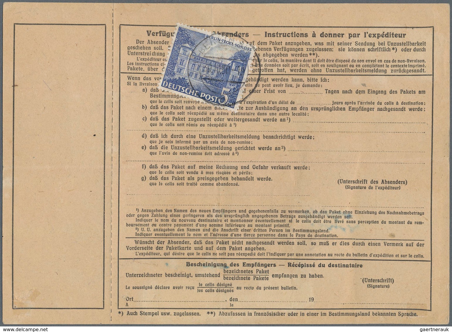 Berlin: 3 Mal 5 DM Mit 25 U. 50 Pf.  Bauten (vorder U. Rücks. Frankiert) Zusammen Auf Übersee-Paketk - Lettres & Documents