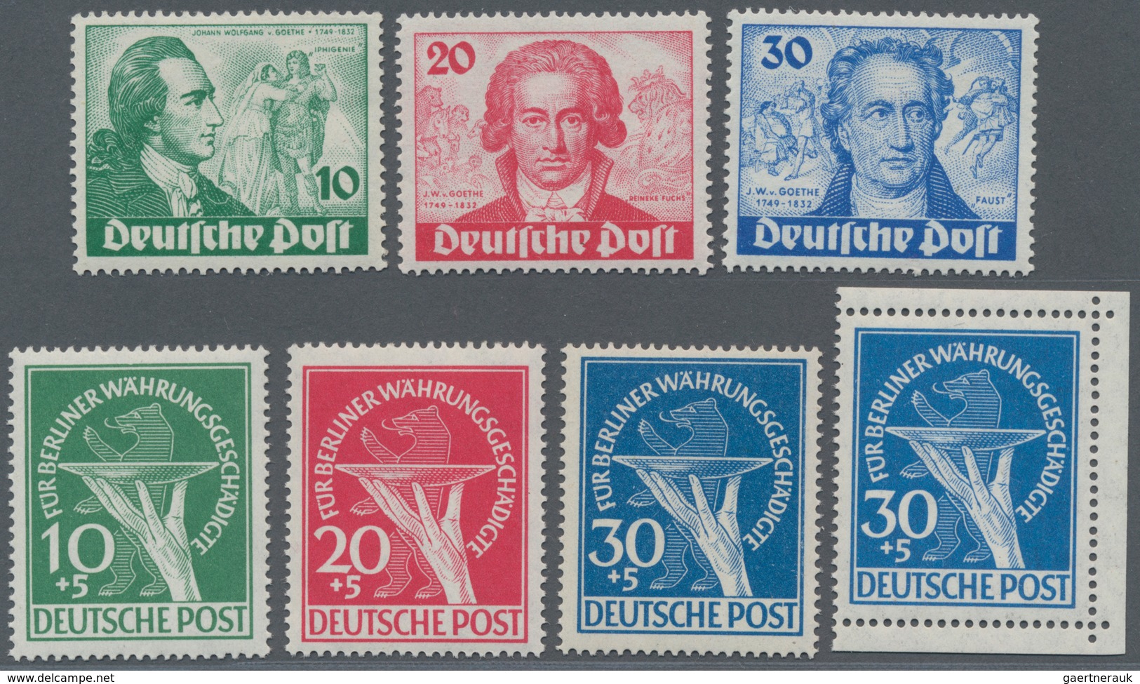 Berlin: 1949, Goethe 10 - 30Pfg., Währungsgeschädigte 10 - 30 Pfg. Sowie 30 Pfg. Aus Block Mit Platt - Lettres & Documents