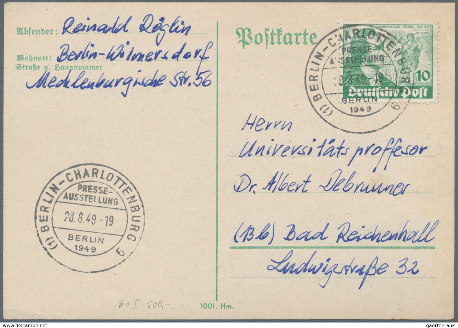 Berlin: 1949/1950, Postkarte Frankiert Mit 10 Pfg. Goethe, Plattenfehler I Mit SSt Von BERLIN-CHARLO - Covers & Documents