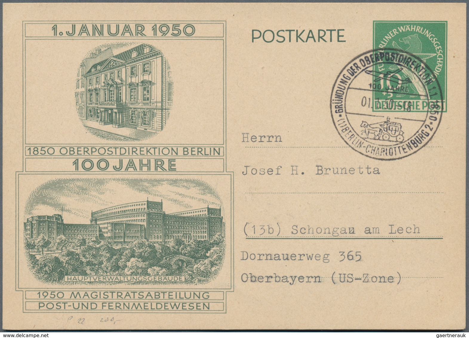 Berlin: 1949/1950, Postkarte Frankiert Mit 10 Pfg. Goethe, Plattenfehler I Mit SSt Von BERLIN-CHARLO - Lettres & Documents