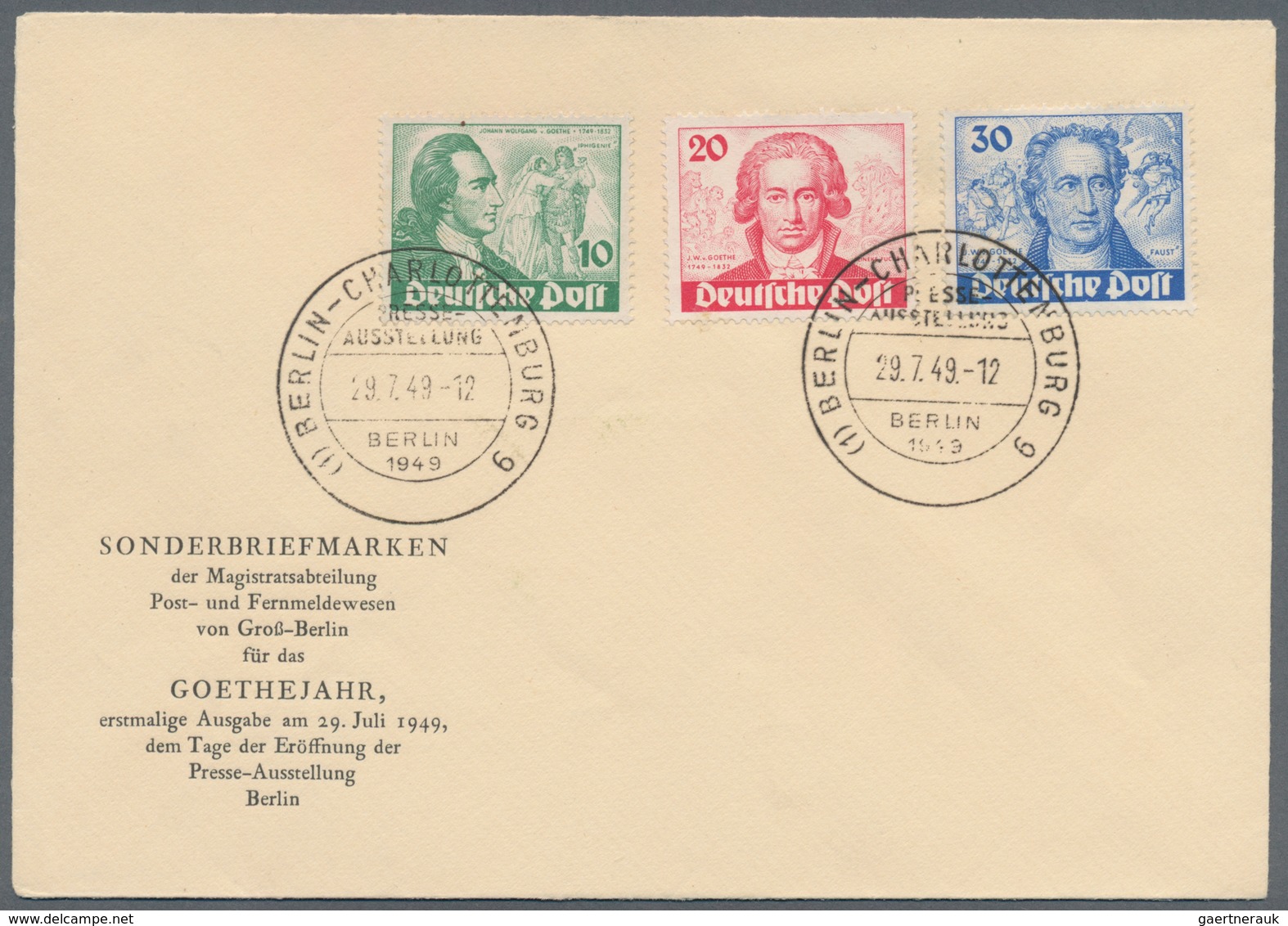 Berlin: 1949, 10-30 Pfg. Goethe Komplett Auf Unbeschriftetem, Amtlichen Schmuckumschlag Mit Ersttags - Lettres & Documents