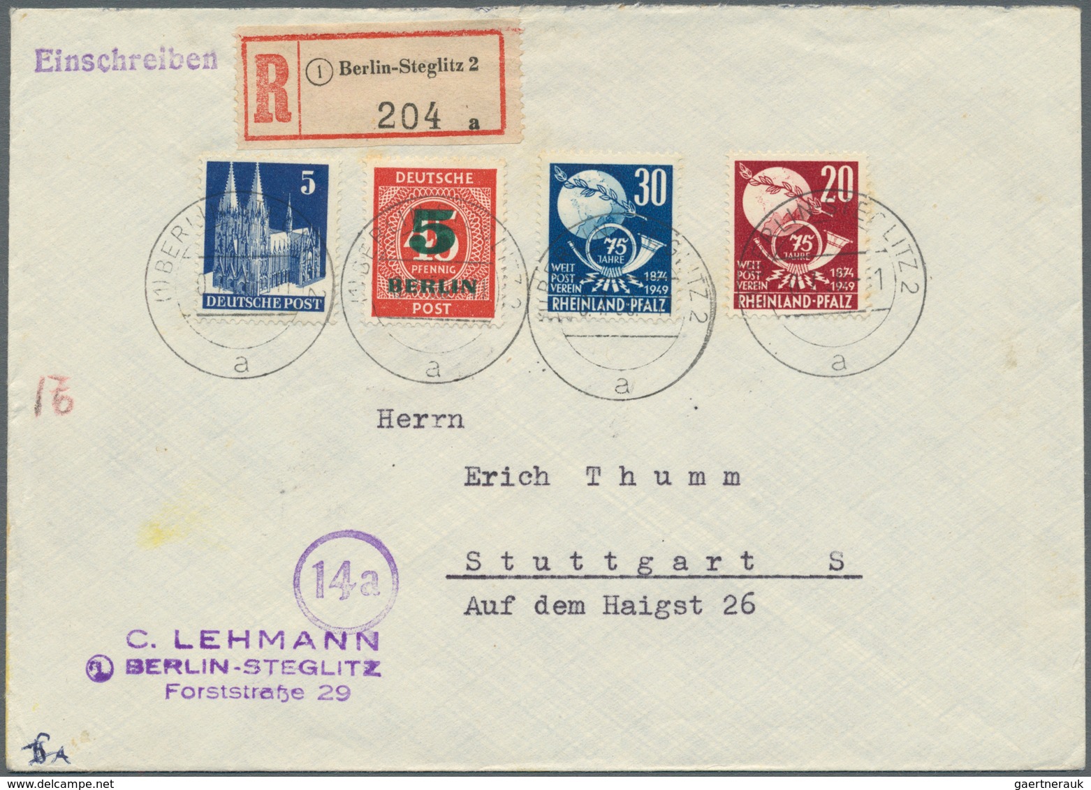 Berlin: 1950: Fernbrief Einschreiben 60 Pf. ( 20 + 40 R ) Mit 5 Pf. Grünaufdruck, 5 Pf. Bizone Baute - Covers & Documents