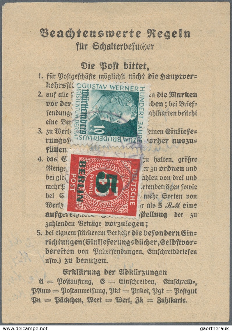 Berlin: 5 Pf. Grünaufdruck U. Fr. Zone Württemberg Zusammen Rücks. Auf Einlieferungsschein Für 4 Pak - Briefe U. Dokumente